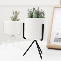 Short Tabletop Ceramic Planter with Geometric Metal Stand