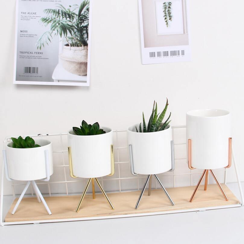 Short Tabletop Ceramic Planter with Geometric Metal Stand